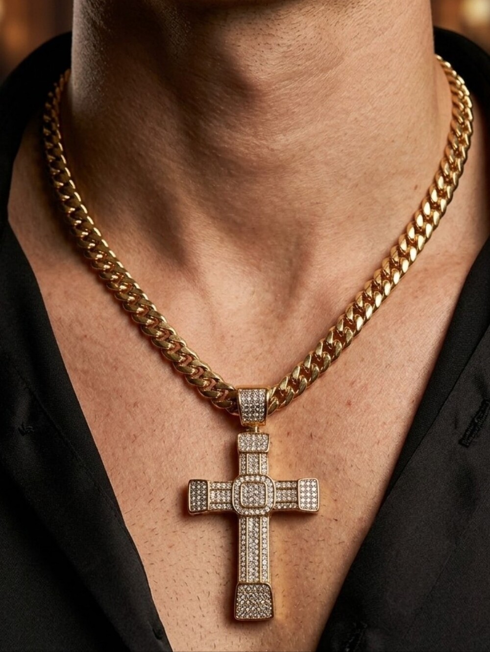 Stainless Steel Gold Plated 22" Chain with 2.5" Iced Out Cross Pendant Men